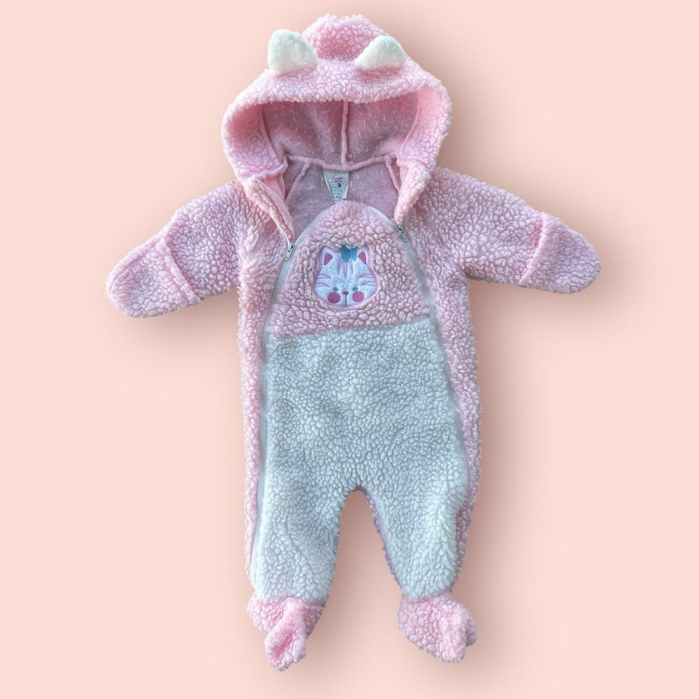 Vtg Baby Girls Snow Suit Winter Wear Cuddle Time Pink Kitten Ears One Piece Zip